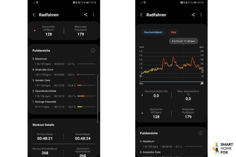 Man sieht die Pulsbereiche nach dem Training in der App.